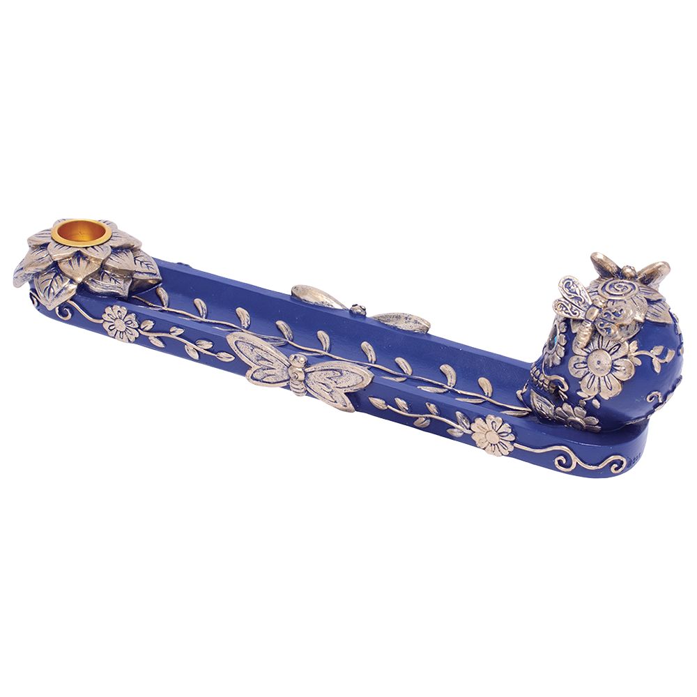 Fujima Golden Blue Skull & Butterfly Stick & Cone Incense Burner - 11"