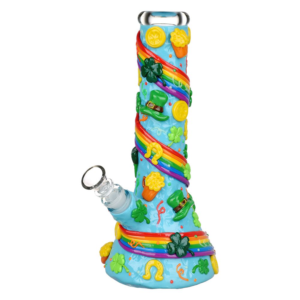 St. Patrick's Day Rainbows and Gold Glow In The Dark Water Pipe - 10" / 14mm F