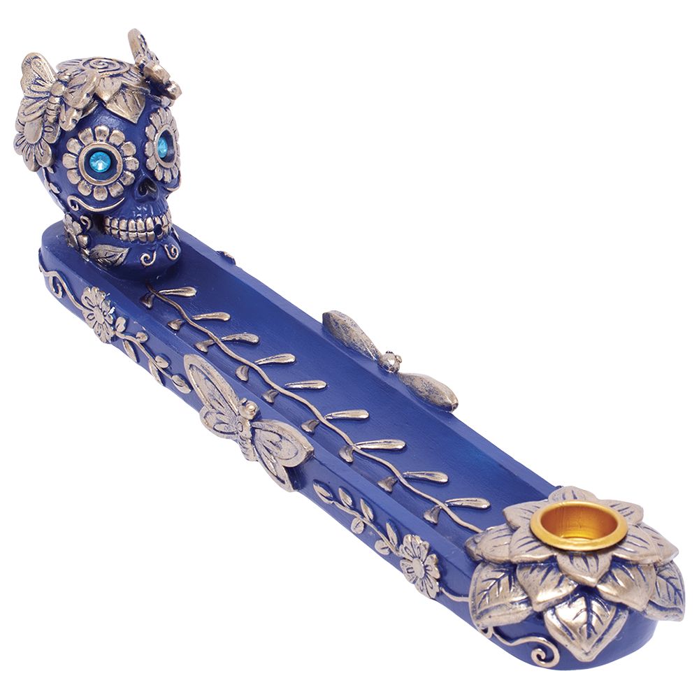 Fujima Golden Blue Skull & Butterfly Stick & Cone Incense Burner - 11"