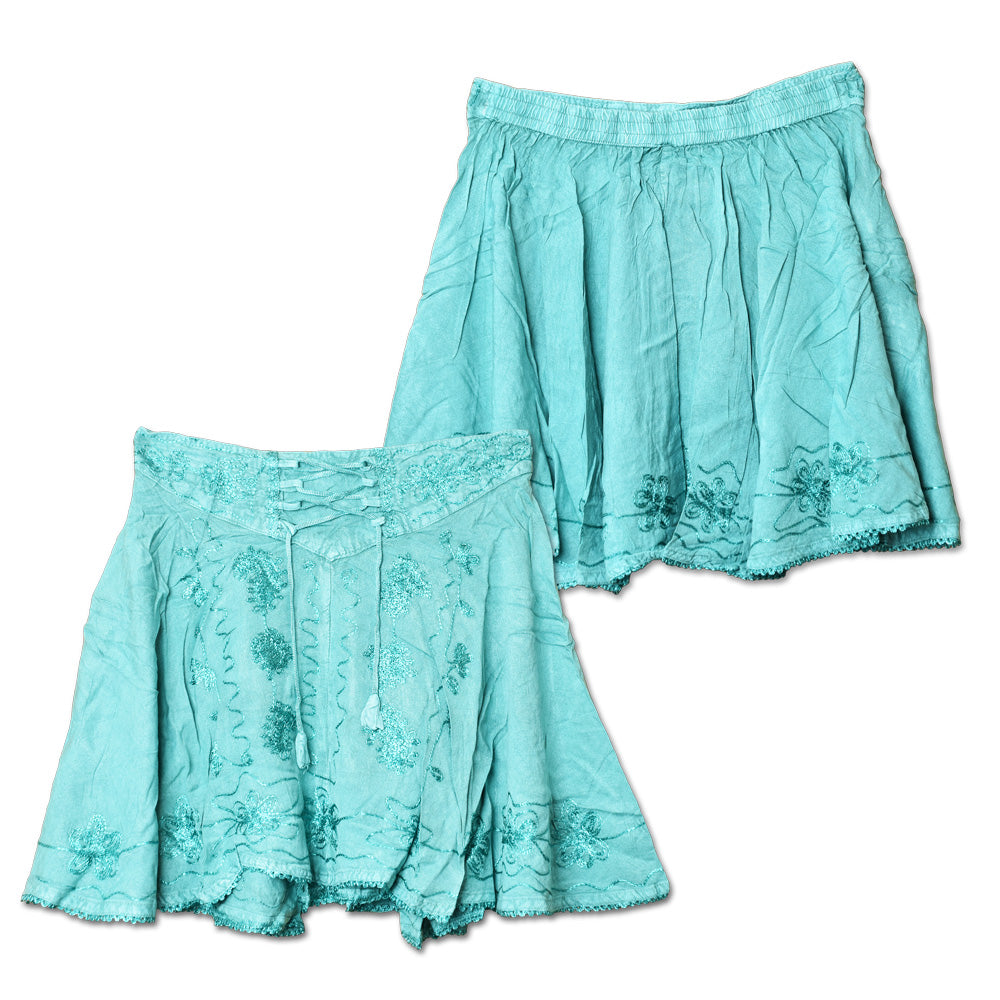 ThreadHeads Acid Wash Embroidered Lace Tie Front Skirt - One Size / Colors Vary