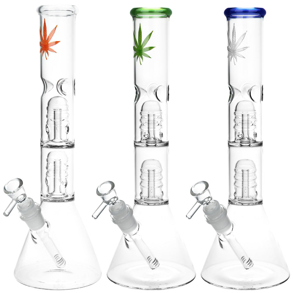 Double Stacked Hemp Leaf Beaker Water Pipe - 12" / 14mm F / Colors Vary